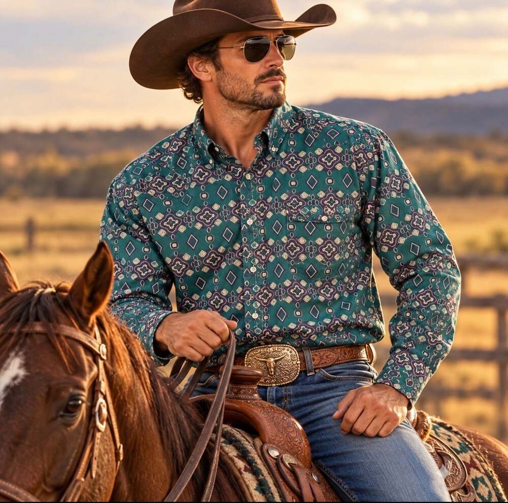 Vintage Wrangler Twenty X Mens Western Shirt Teal Geometric Cowboy Button Up XL